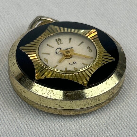 Vintage Burgana Swiss Made Gold Black Pocket Watch With Starburst Mechanical Orn - Picture 2 of 8